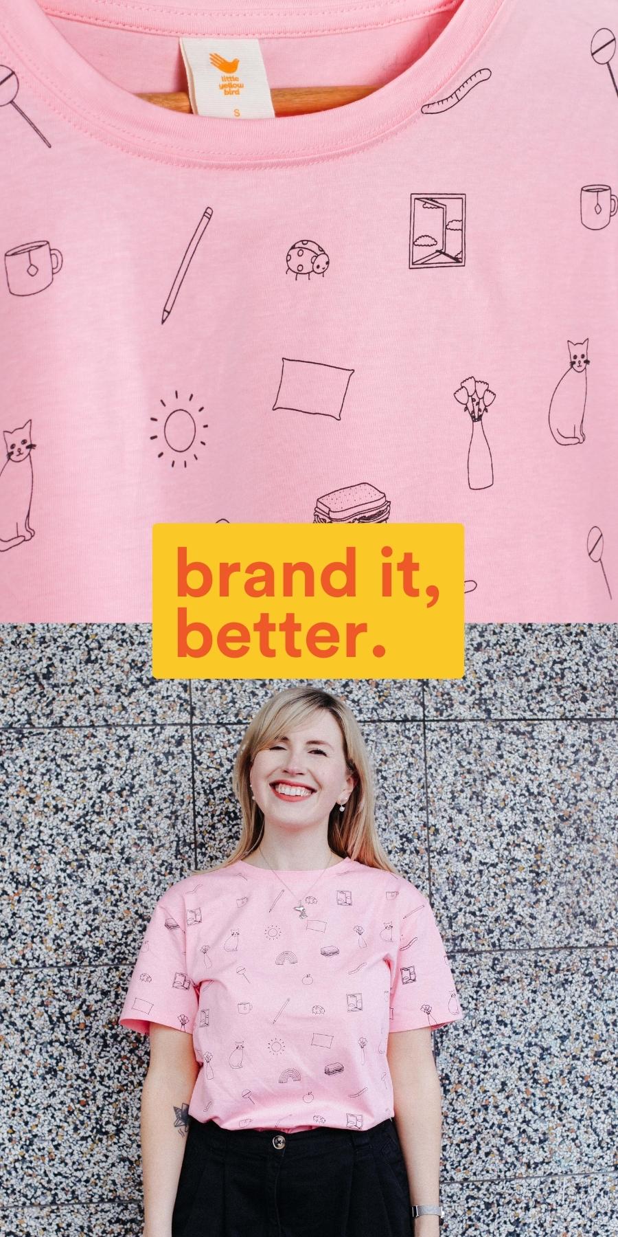 brand it better, 100% cotton organic pink tshirt with all over screenprint