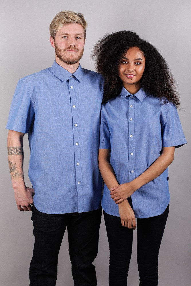 Female and male model standing together wearing Female model wearing Moana Blue Casual Friday Shirt