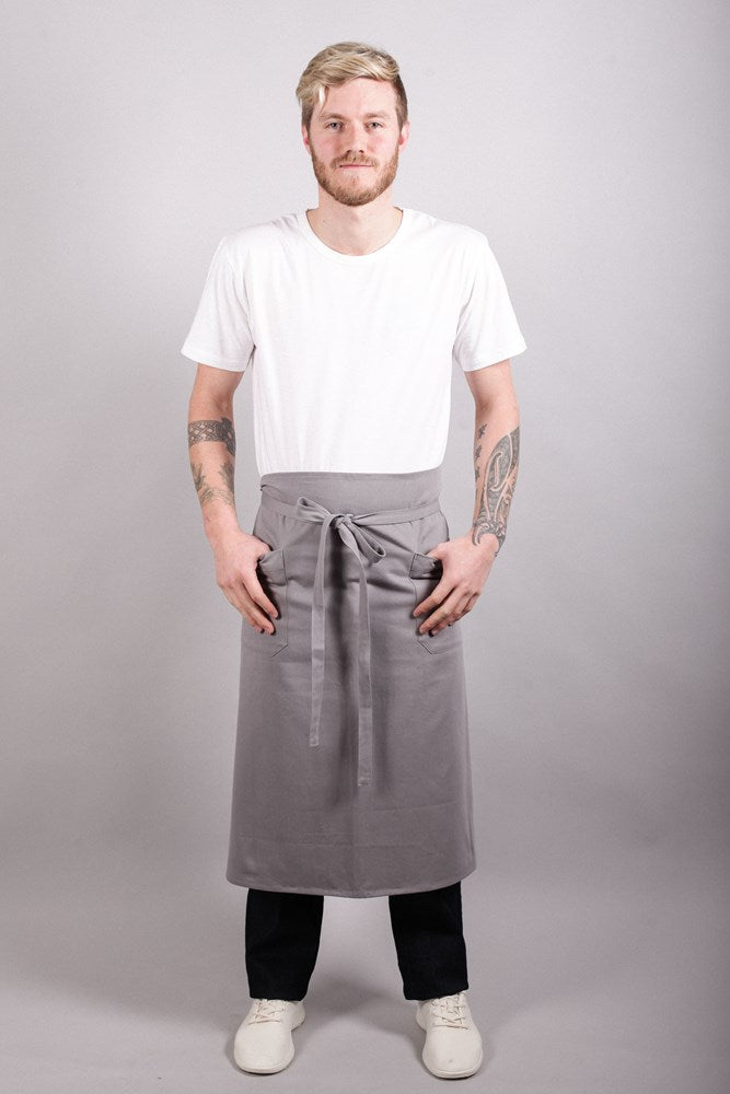 Male model in studio wearing Pepper Apron 3/4 Length - Grey